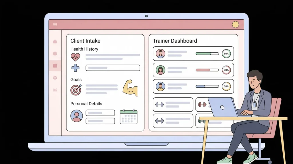 Flat illustration of a fitness coach at a desk reviewing a minimal coaching dashboard.