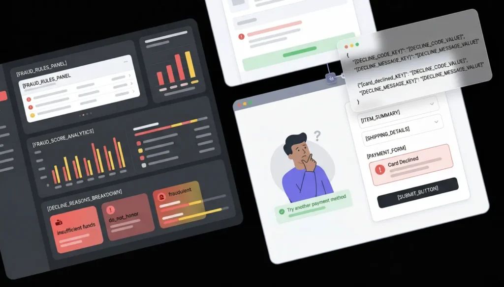 Fraud detection dashboard UI and checkout screen displaying a card declined payment error.