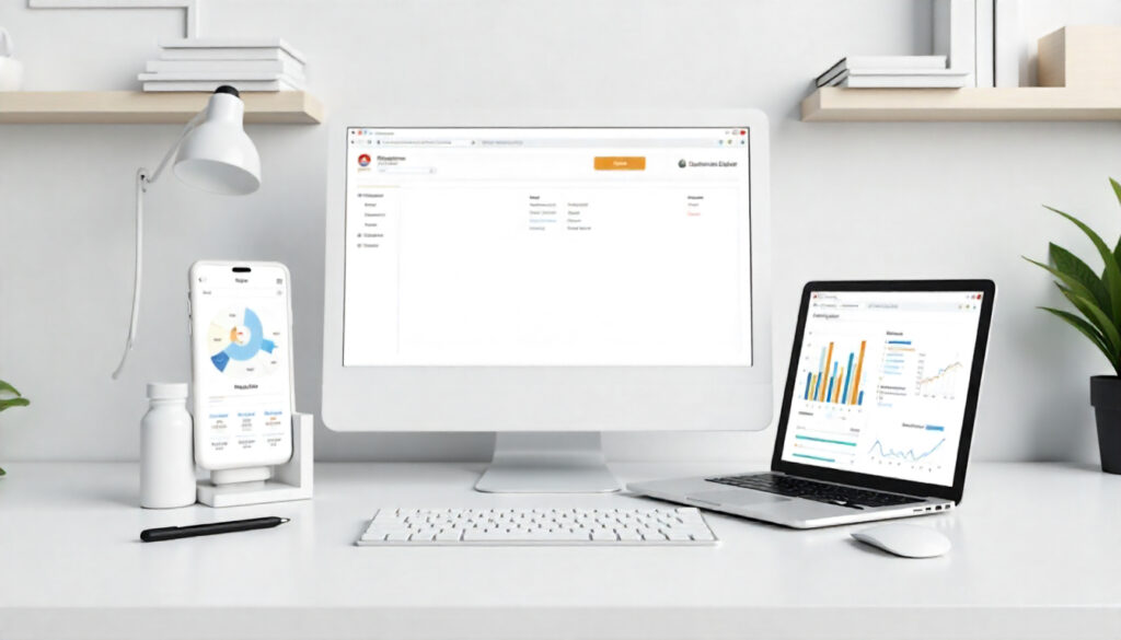 A clean workspace showing a desktop monitor, laptop, and smartphone displaying the same website with different layouts. The visual differences represent browser and device fragmentation, highlighting the need to define a target matrix using real-world analytics.