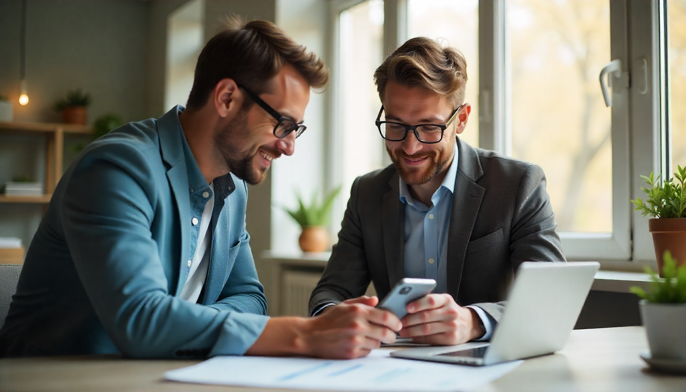 Two men in a modern office reviewing something on a smartphone together, smiling and working at a desk with a laptop and documents.
