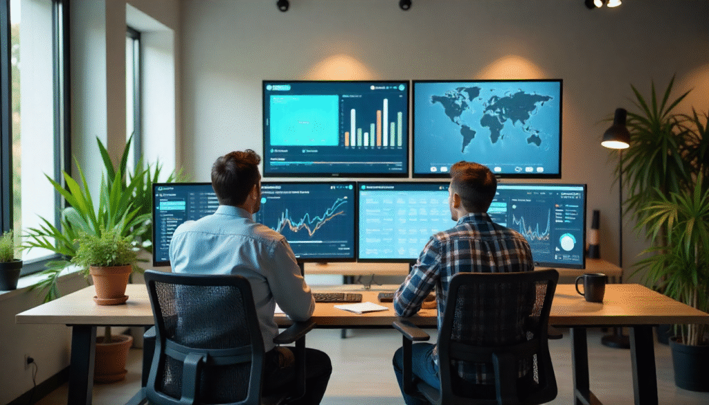 Two people sit in a modern office surrounded by multiple large screens displaying financial charts, analytics dashboards, and global data visualizations.