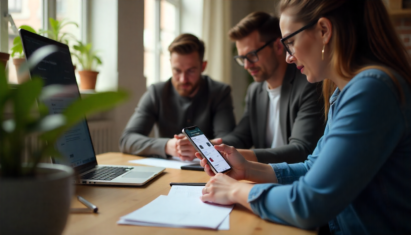 A woman reviews product images on her phone while seated at a desk with two colleagues who are focused on documents and a laptop.