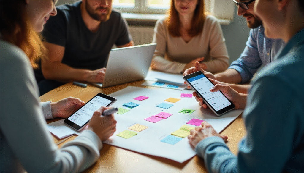 A group of colleagues sits around a table covered with colorful sticky notes, planning and reviewing ideas while two of them check information on their phones.