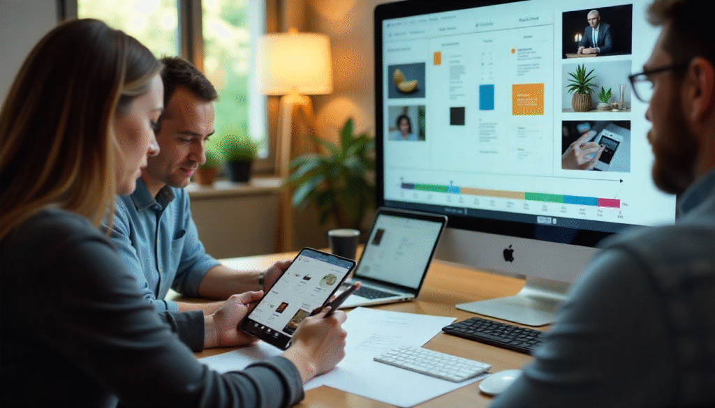 A small team works together at a desk, reviewing project visuals on a large computer monitor while one person looks through content on a tablet.