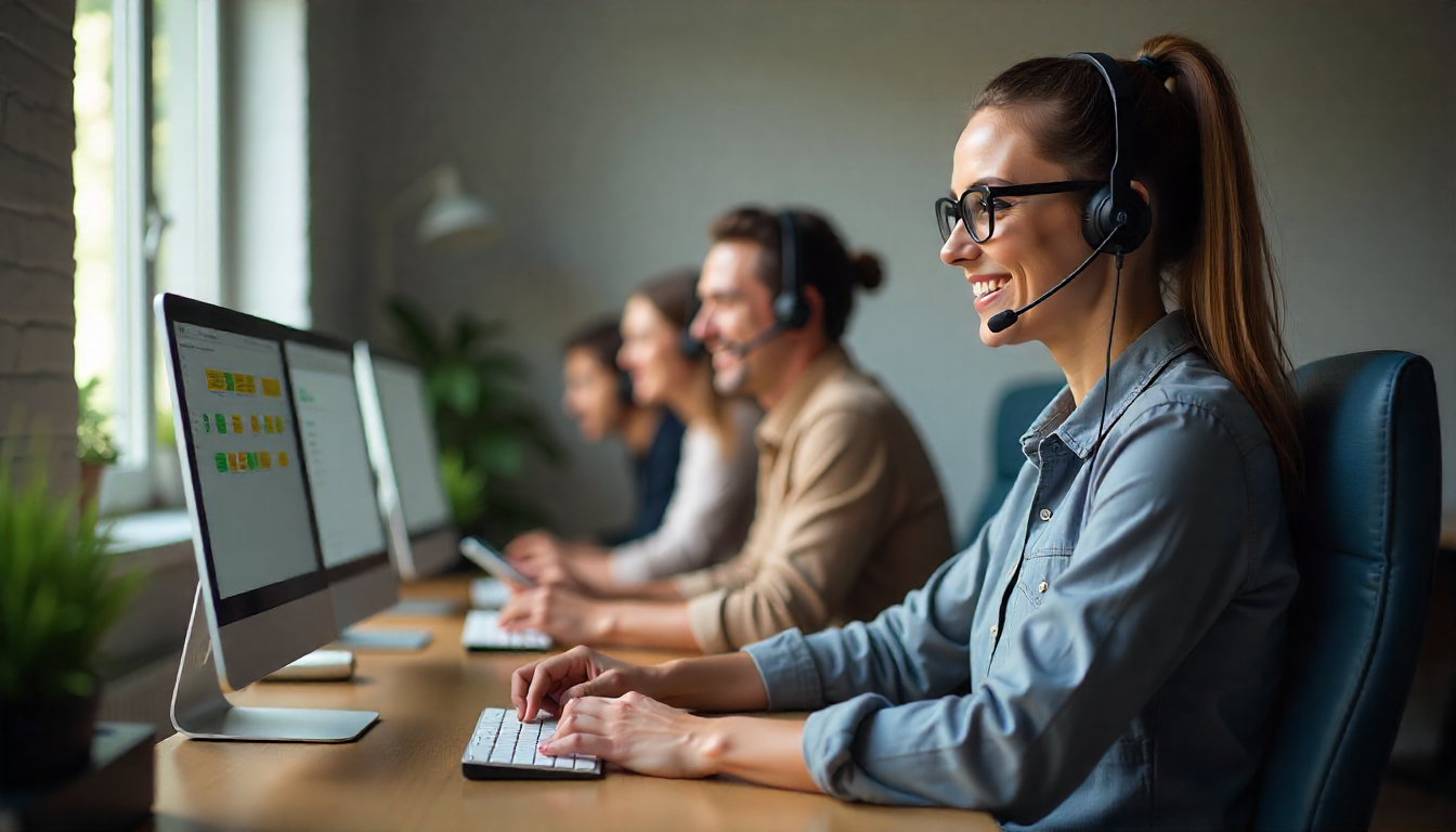 Customer service representatives wearing headsets sit at a row of computers in a well-lit office, typing and speaking with clients.