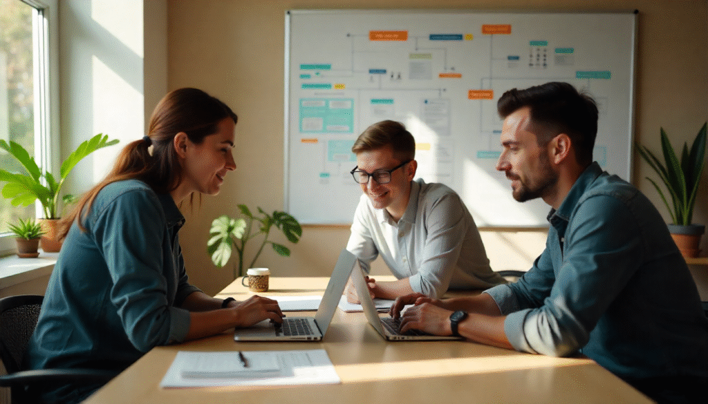 Three customer support team members working together at a table with laptops, reviewing a workflow board in the background that suggests app creation without developers.