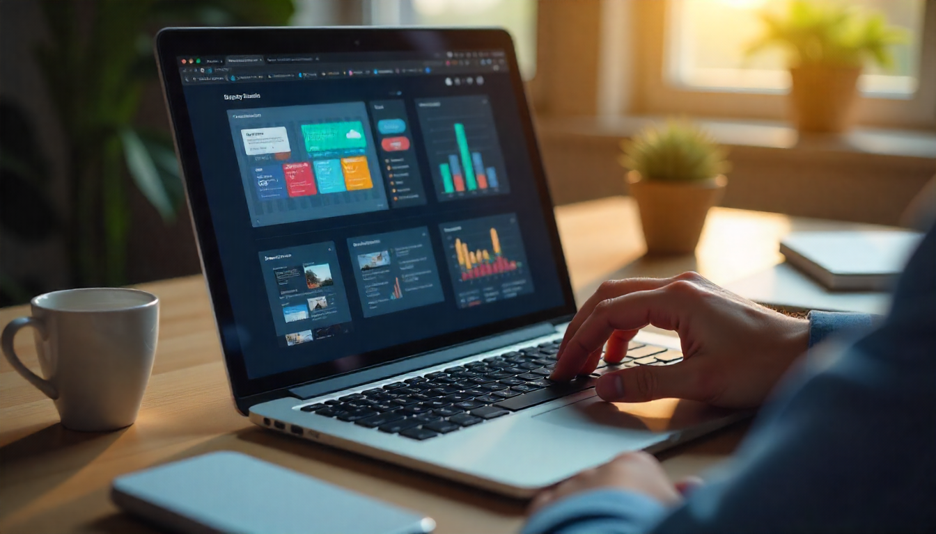 A person working on a laptop at a wooden desk in a bright room, with website or dashboard design elements visible on the screen. A coffee mug, notebook and small plant sit nearby.