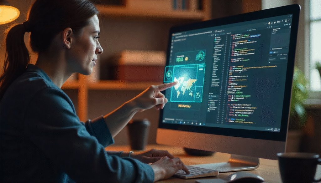 A woman sits at a desk working on a large computer monitor. She touches a glowing holographic interface displaying a world map while lines of code are visible on the screen. The room is softly lit and looks like a modern home office.