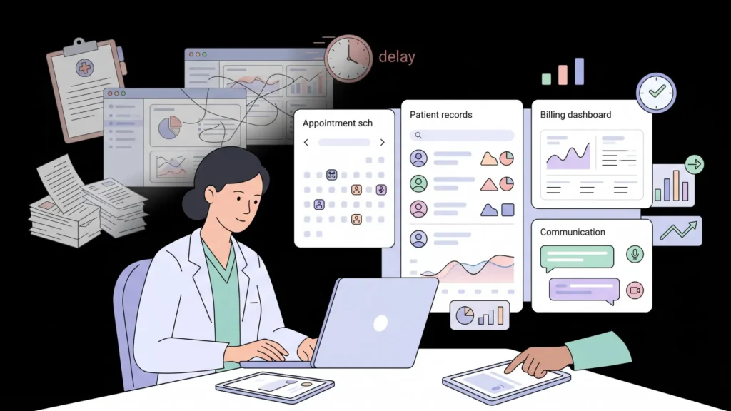 Modern doctor uses digital platform for patient records and billing, reducing delay.
