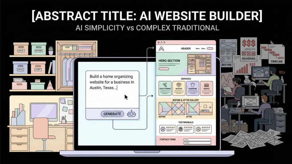 Dark mode wireframe illustration of a local home organizer service website mockup.
