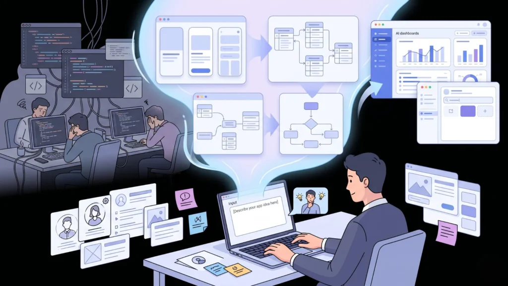 A man transforms typed app ideas into visual dashboards and prototypes using AI.