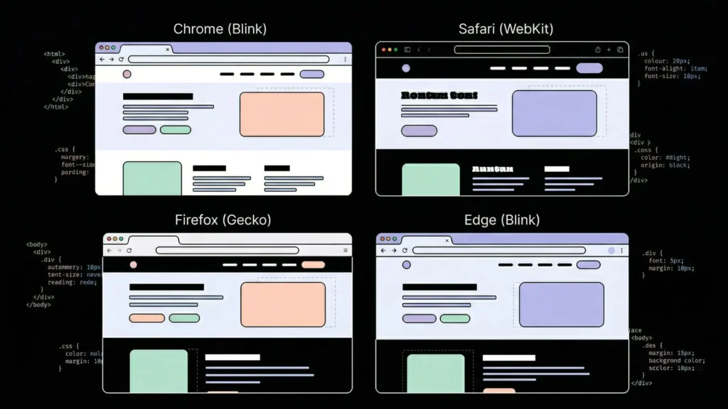 Illustration comparing webpage rendering differences across Chrome, Safari, Firefox, and Edge browser engines.