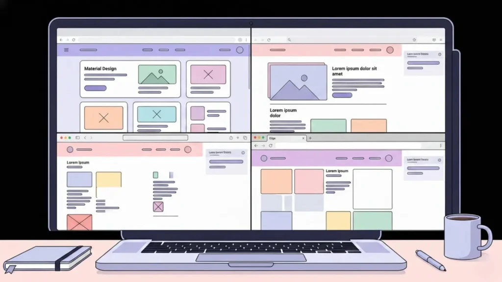 Illustration of a laptop screen showing cross-browser testing and UI design mockups for web development.