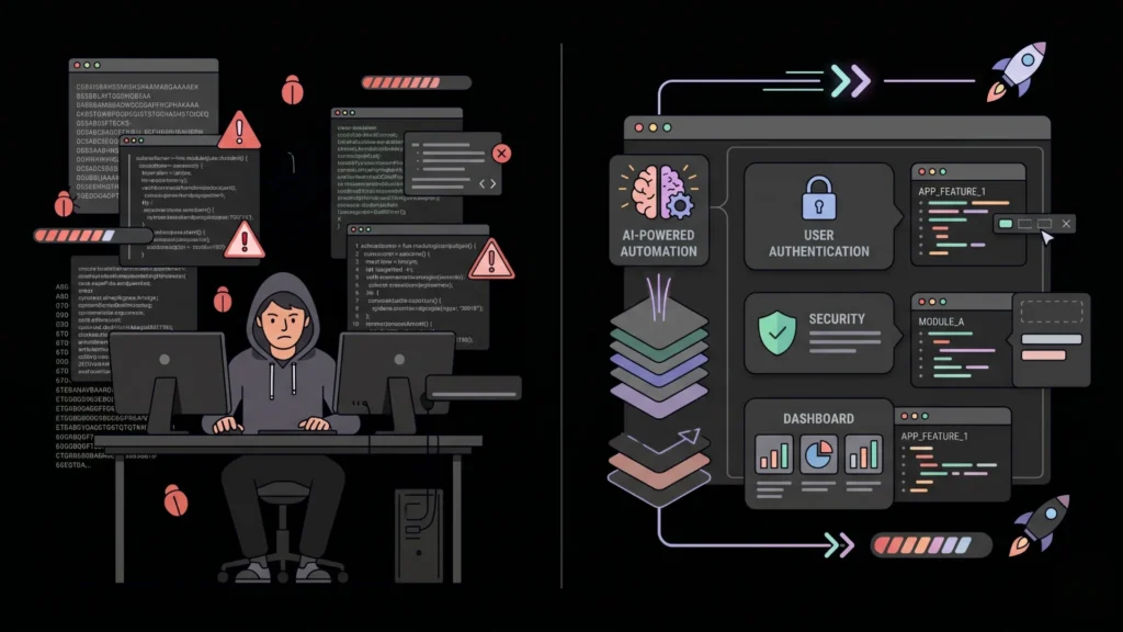 Vector graphic comparing slow traditional coding to streamlined AI application development platforms.