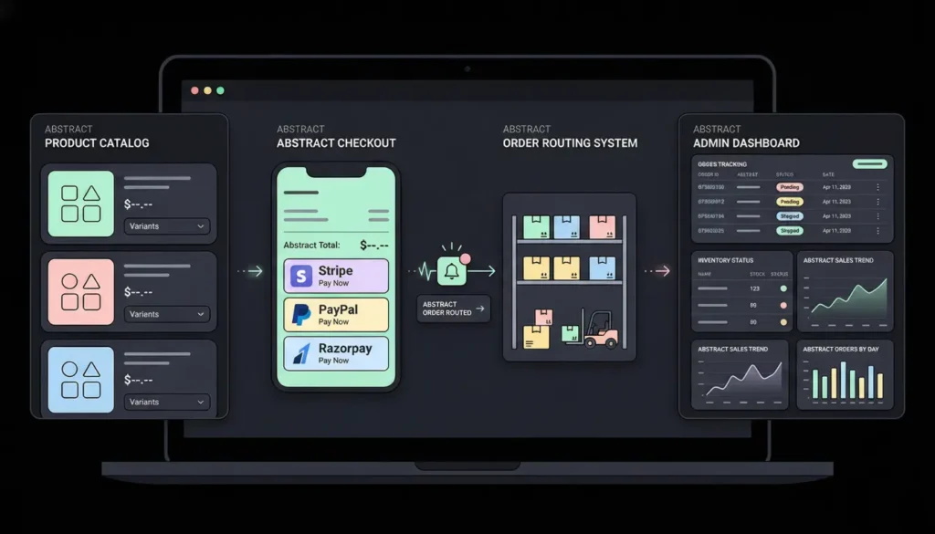 Flat vector illustration of a dropshipping workflow dashboard with floating UI elements.