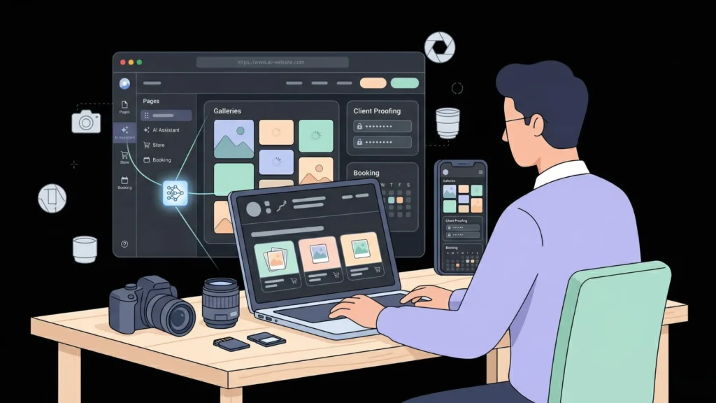 Flat vector illustration of a photographer using an AI website builder interface.