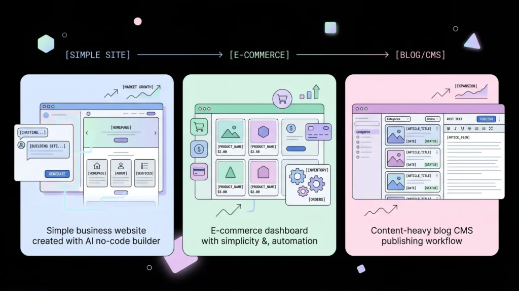 SaaS illustration comparing AI builder, e-commerce, and blog dashboards.