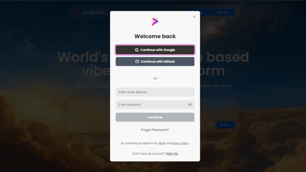 showing imagine.bo Create Account page