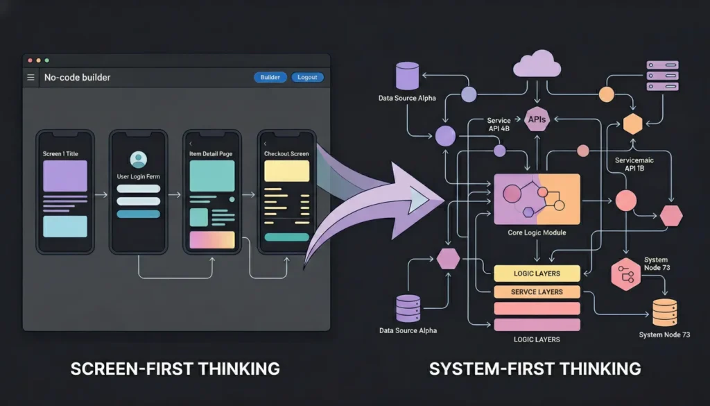 Infographic comparing screen-first thinking UI design to complex system-first thinking backend architecture.