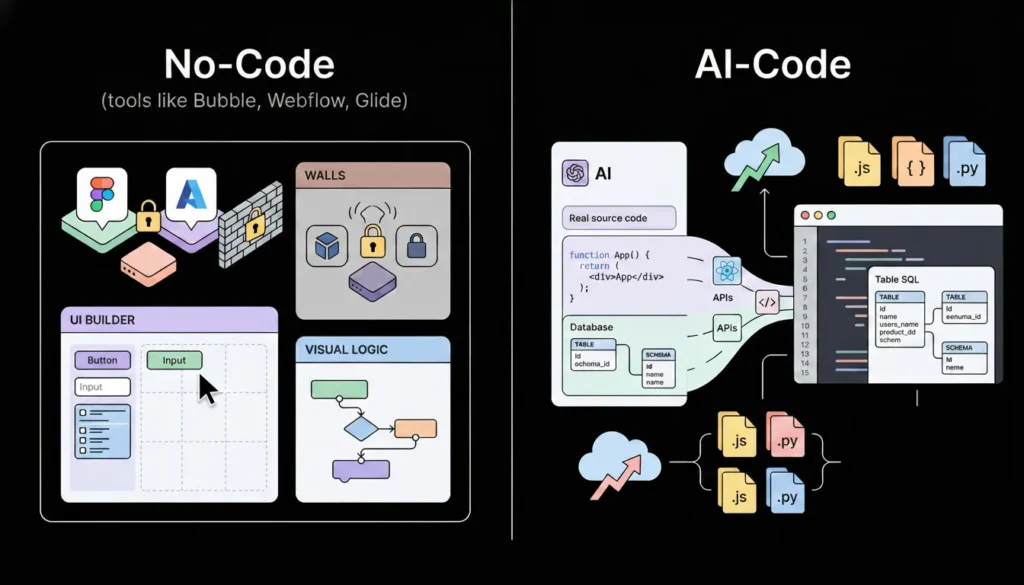 Infographic comparing visual No-Code platforms versus AI-assisted coding generating real source code and workflows.