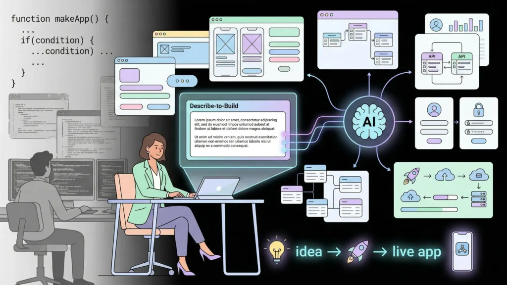 Infographic depicting AI-driven application development from text prompts to live apps.