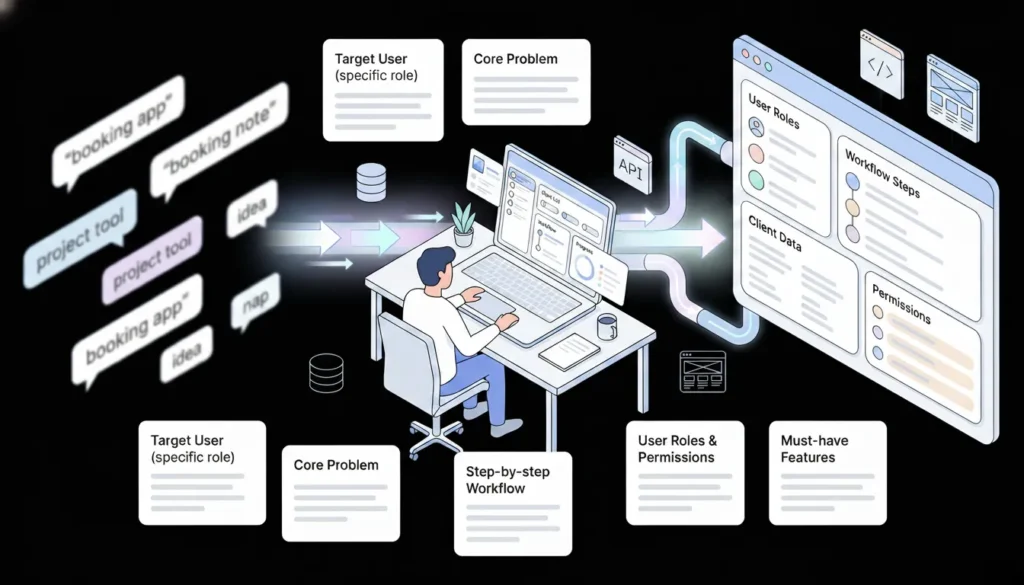 Isometric illustration of software design and project management planning with a person at a desk.