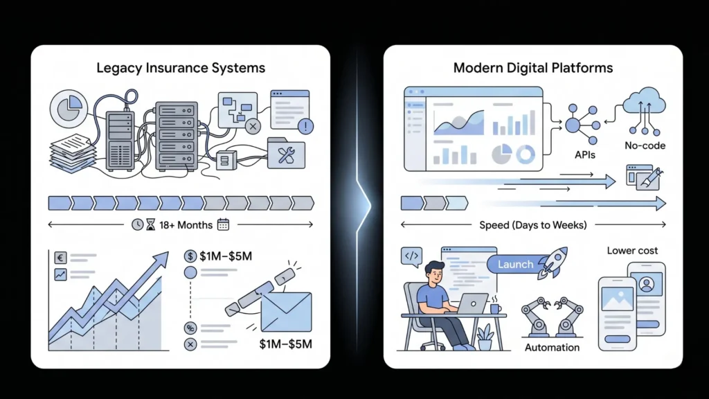 Flat illustration comparing complex legacy systems with fast, low-cost modern digital platforms.