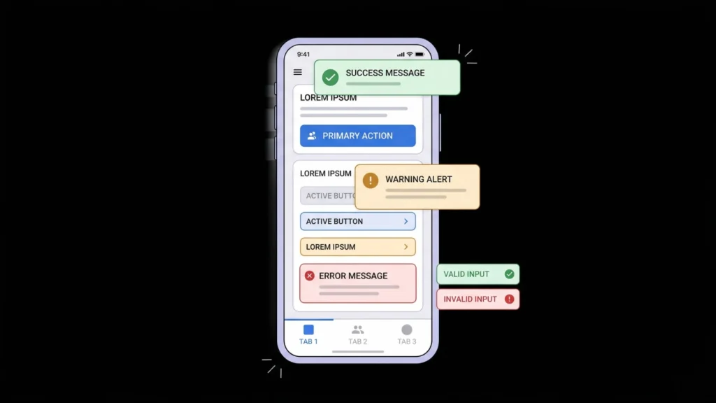 Mobile app interface mockup showing green, amber, and red functional color alerts.