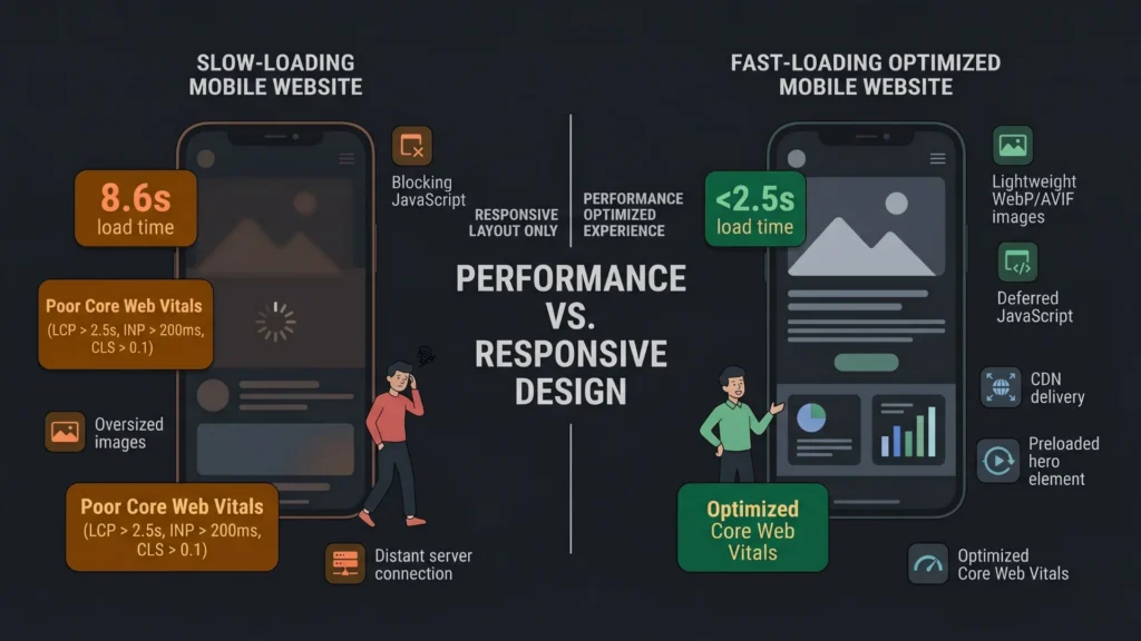 Dark mode vector comparing slow mobile website speeds with optimized performance metrics.