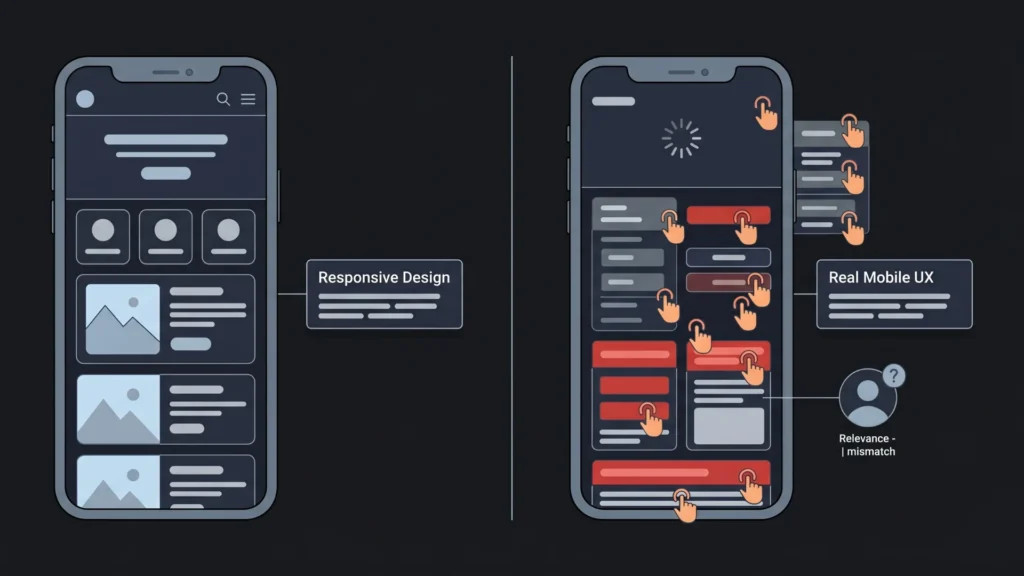 Comparison of 'Responsive Design' and 'Real Mobile UX' mobile screens.