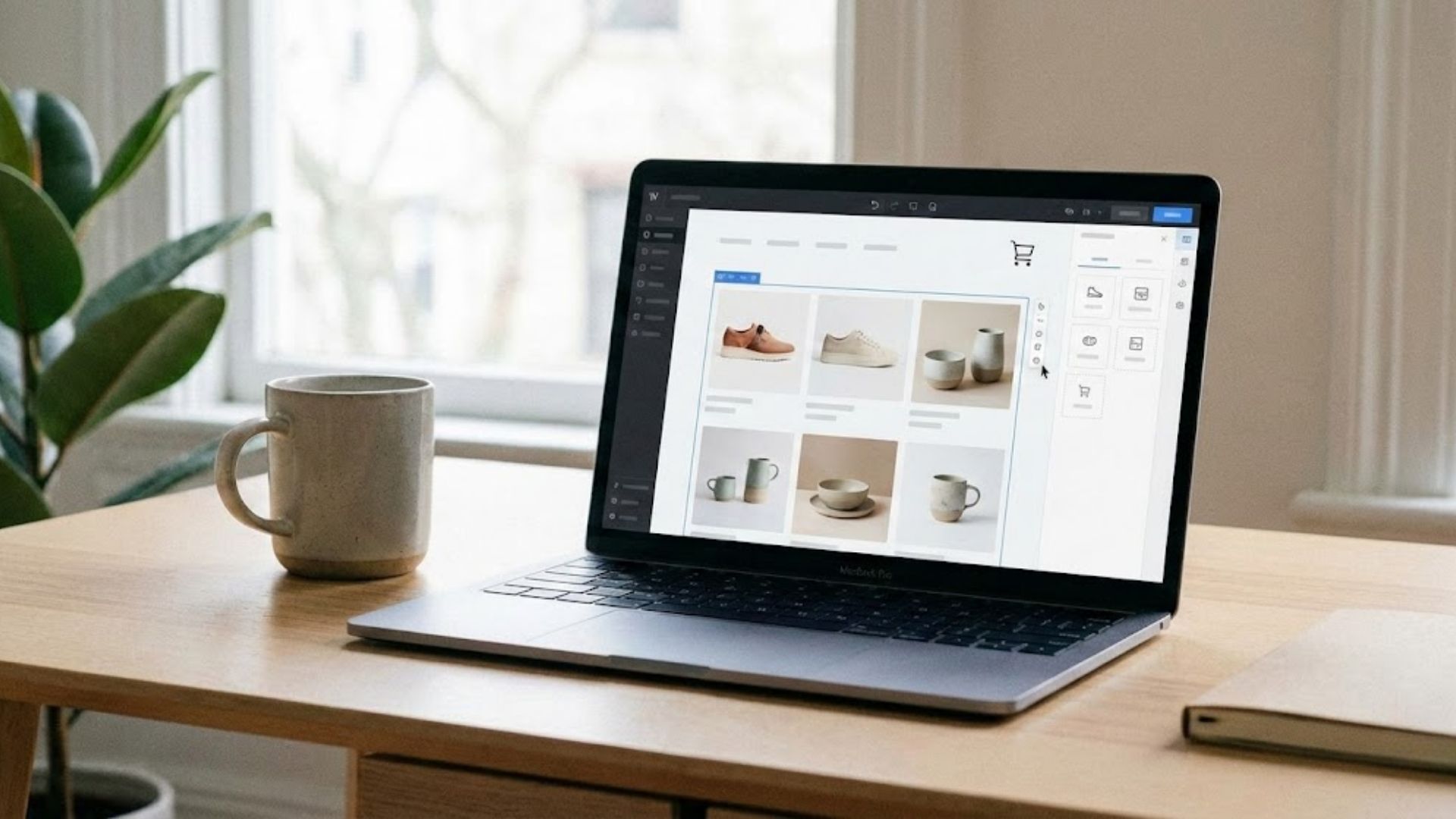 Laptop on a desk displaying a no-code website builder with an online store layout in progress.