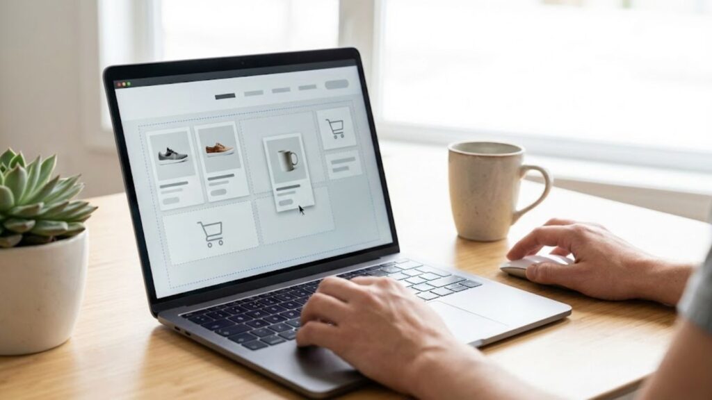 Person using a no-code platform on a laptop, arranging website blocks and product cards.