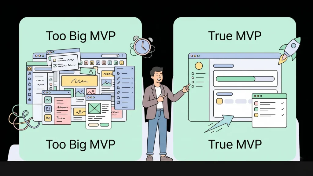 Startup founder choosing simple true MVP interface over a cluttered, complex design.