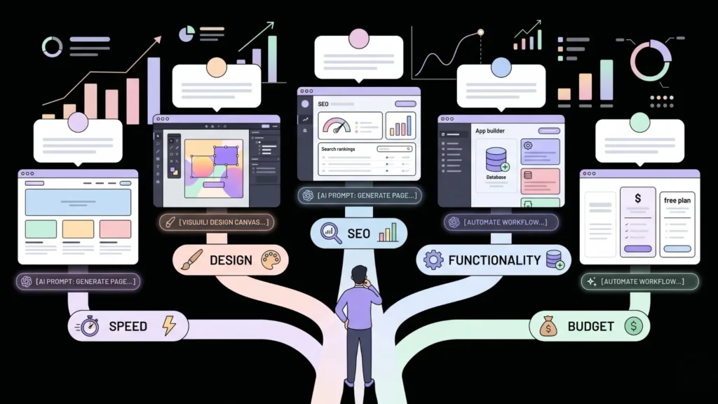 A flat illustration mapping no-code choices with five distinct paths and tools.