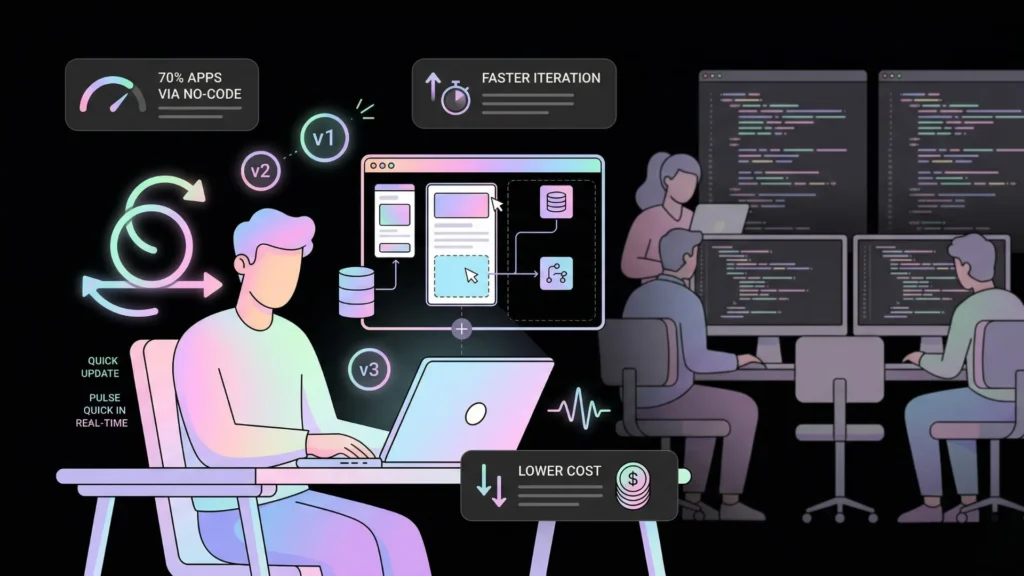 Solo founder building with no-code tools beside a busy traditional software team.