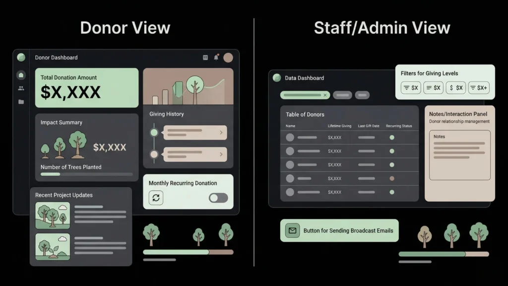 Dark mode nonprofit donor management dashboard showing environmental impact and admin tools.