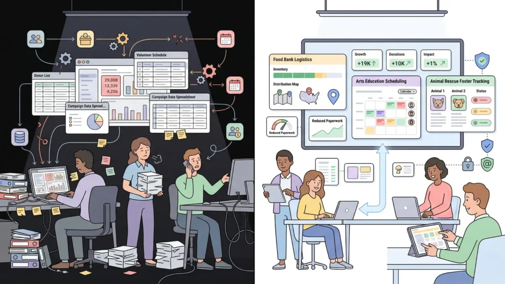 Split screen comparing frustrated nonprofit team's messy software with clean, organized dashboard.
