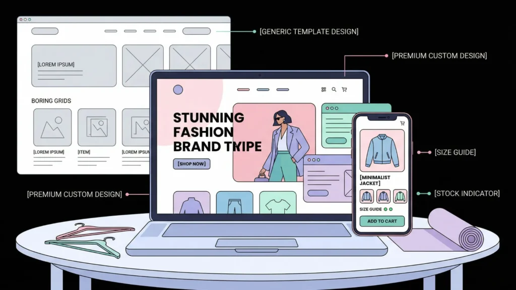 Premium custom fashion website mockup on laptop and mobile beside generic template.