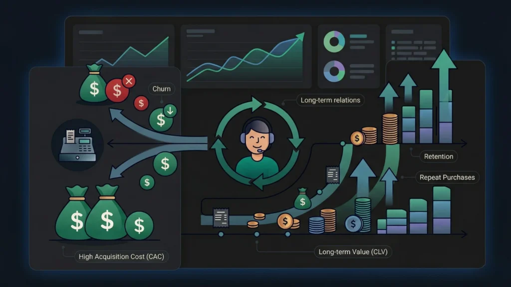 Dark mode SaaS illustration comparing customer acquisition cost, churn, and long-term value.