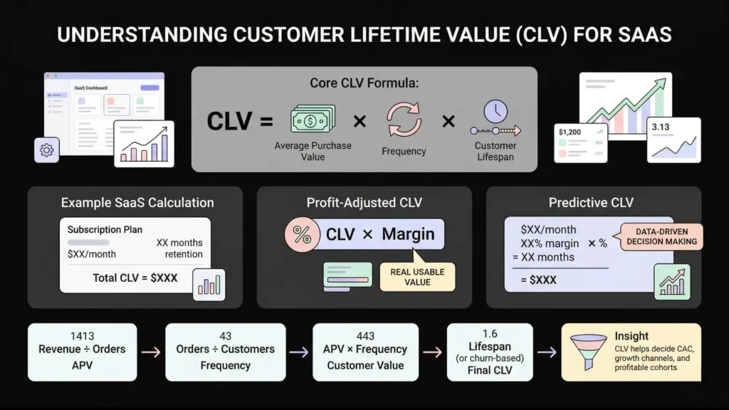 A dark mode infographic explaining customer lifetime value calculations for SaaS businesses.