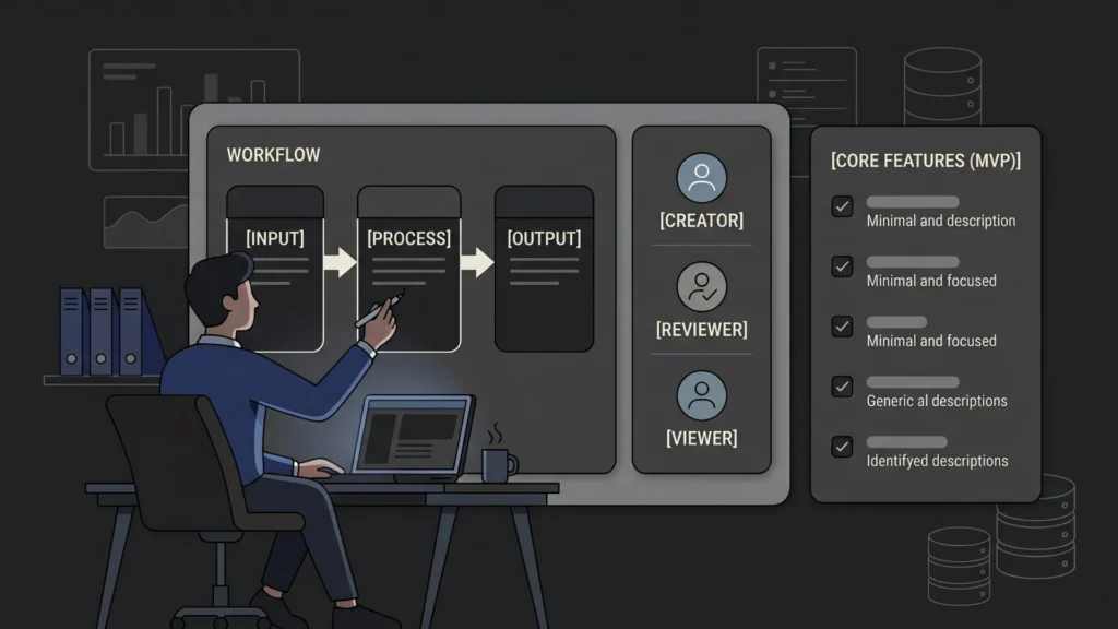 Professional planning product workflow (input-process-output), user roles, and MVP features on dark dashboard.