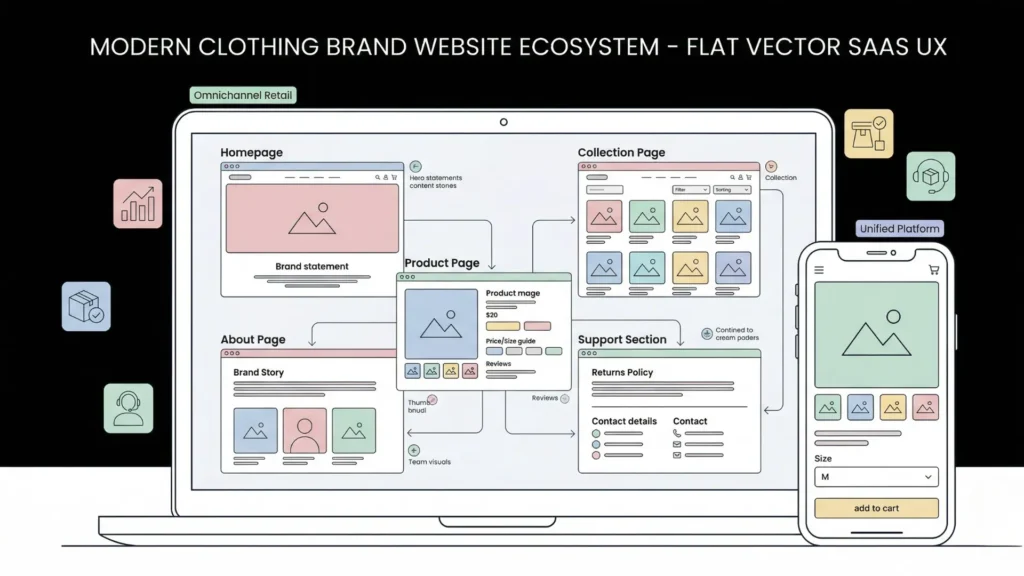 A flat vector infographic of a connected clothing brand website ecosystem with SaaS UX.