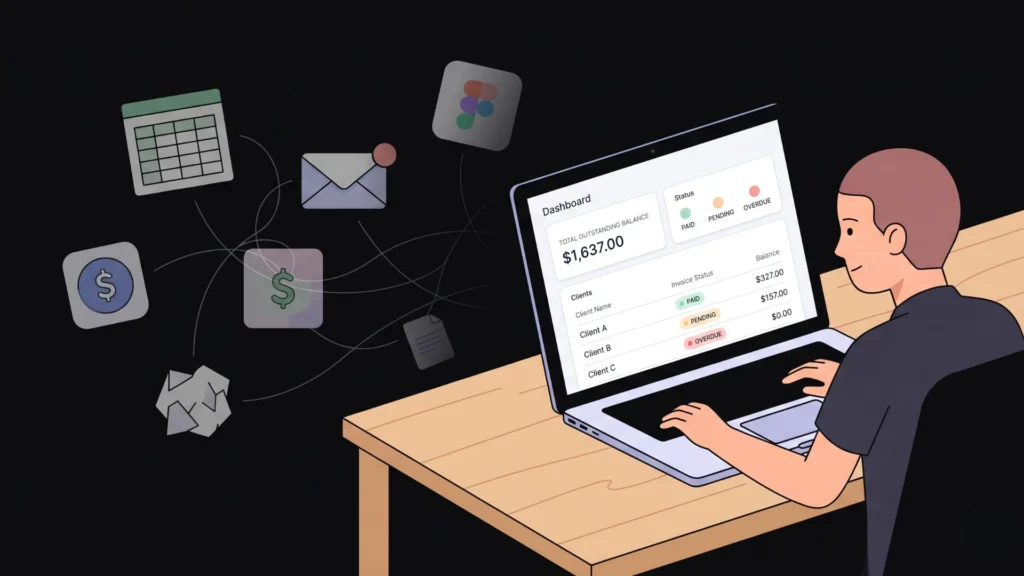 Freelance designer using a clean SaaS dashboard as cluttered background tools fade.