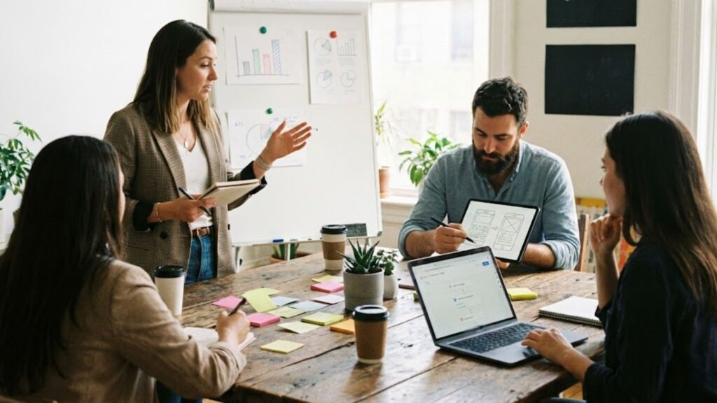 A group of people meet around a table reviewing wireframes, charts, and laptops while planning a startup project.