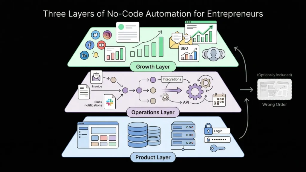 Three-tier diagram showing product, operations, and growth layers for no-code automation.