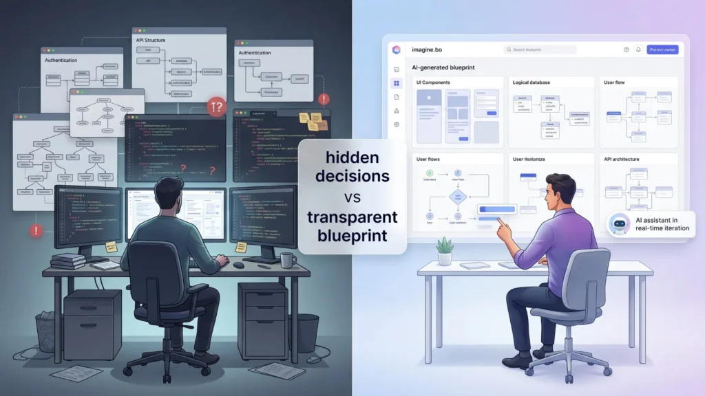 Split screen comparing messy traditional programming against organized AI web development blueprints.