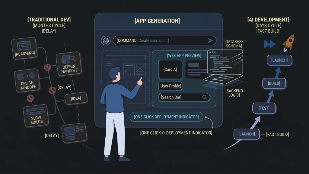 Dark mode comparison of slow traditional development versus fast AI-driven app creation.