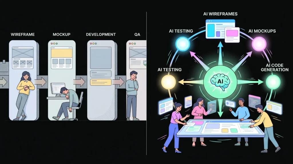 Illustration contrasting slow traditional web design pipelines with instant AI generation workflows.