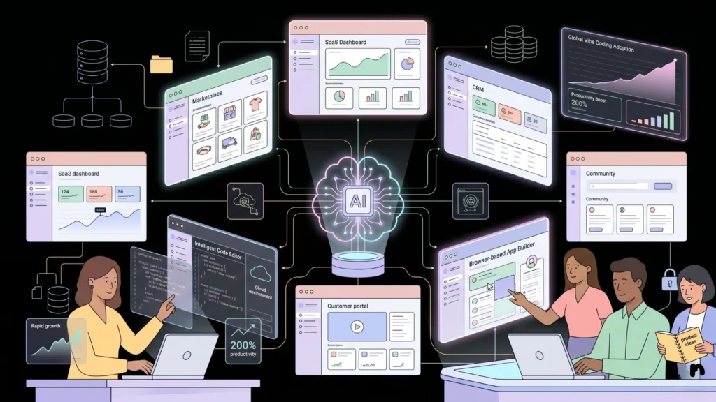 Vector illustration of people collaborating with AI to build modern web applications.