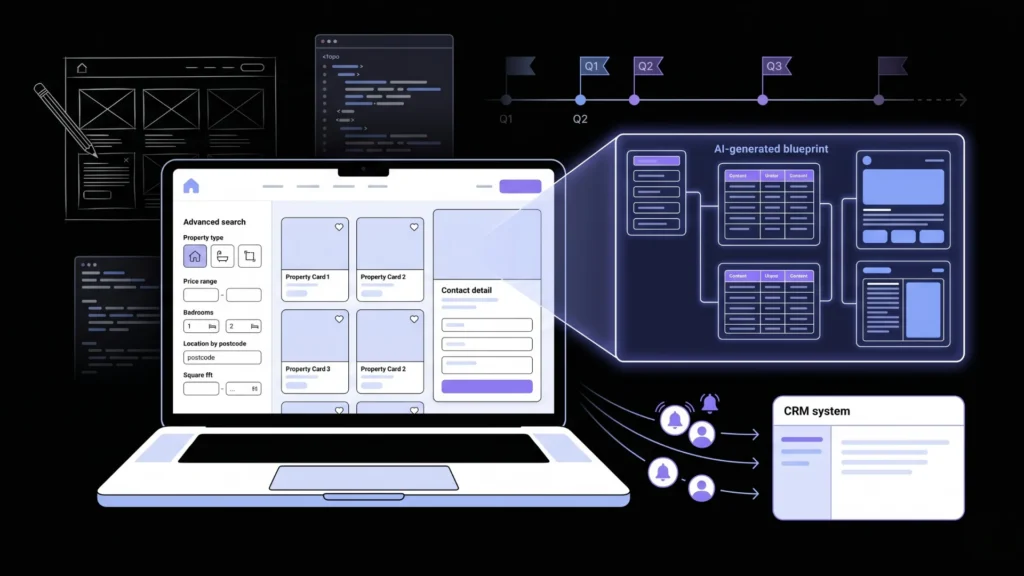 Flat illustration of complete web development workflow: UI design, code, AI blueprint, dashboard, and CRM lead capture.
